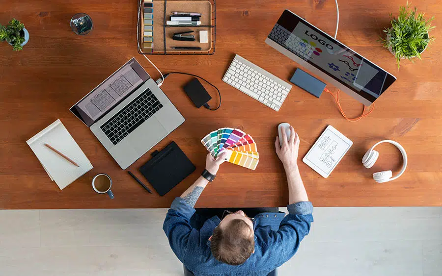 Small Business Owner Selecting Colors and Logo for their Business